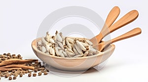 a wooden bowl with herbs and wooden spoons on a white background
