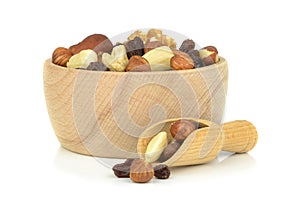 A wooden bowl of mixed fruit and nuts