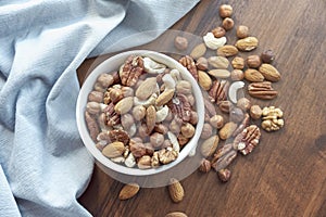 Wooden bowl with mixed nuts on table top view. Healthy food and snack. Walnut, pistachios, almonds, hazelnuts and