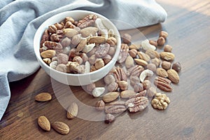 Wooden bowl with mixed nuts on table top view. Healthy food and snack. Walnut, pistachios, almonds, hazelnuts and