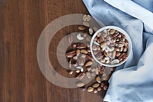 Wooden bowl with mixed nuts on table top view. Healthy food and snack. Walnut, pistachios, almonds, hazelnuts and