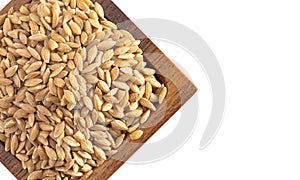 A Wooden Bowl of Organic Einkorn Rice on a White Background