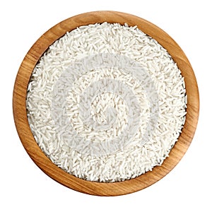 Wooden bowl with rice on white background.