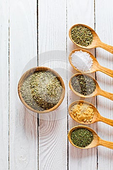 Wooden bowl and spoons filled with ground spices