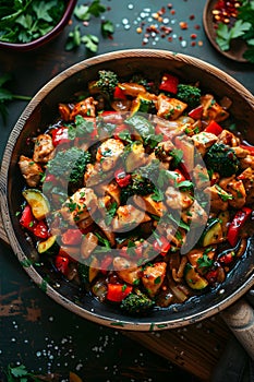 Wooden bowl of stirfried chicken and vegetables on table