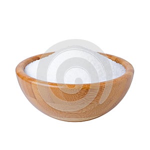 Wooden bowl with sugar isolated on white