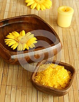 Wooden bowl with water and gerber, bath salt