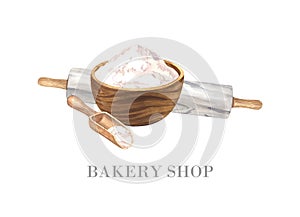 Wooden bowl with wheat flour, wooden scoop and rolling pin. Watercolor hand drawn illustration, isolated on white