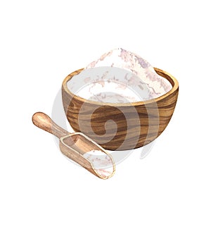 Wooden bowl with wheat flour, wooden scoop. Watercolor hand drawn illustration, isolated on white background. For bakery