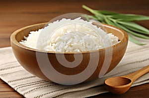 Wooden Bowl Of White Rice