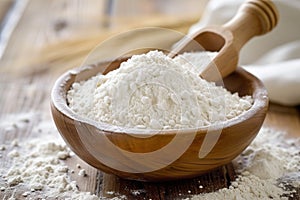 Wooden Bowl of White Rice Flour on Rustic Kitchen Table.