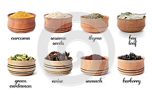 Wooden bowls with different spices and herbs