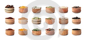 Wooden bowls with different spices and herbs