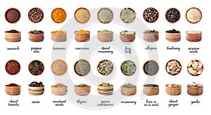 Wooden bowls with different spices and herbs