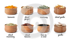 Wooden bowls with different spices and herbs