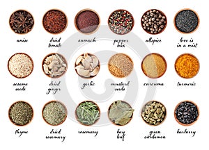 Wooden bowls with different spices and herbs on white background, top view.