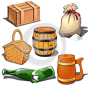 Wooden box, barrel, canvas sack with bulk product, picnic basket, broken bottle and beer mug Thematic six icons isolated