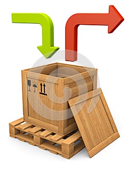 Wooden box and bent arrows. Data communication concept.