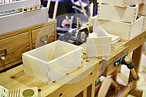Wooden box in carpenter workshop