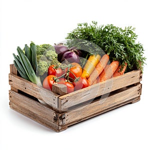 wooden box container with verious fresh vegetables isolated on white