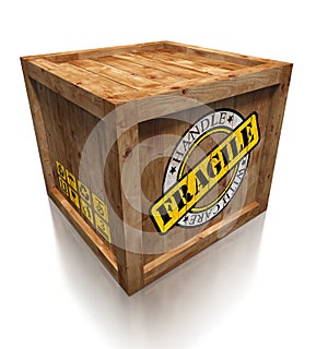 Wooden box crate with grunge fragile symbol