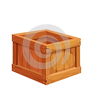 Wooden box, delivery container in cartoon style, game asset isolated on white background. Wood packing, open textured.