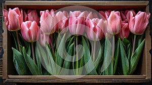 Wooden Box Filled With Pink Tulips on Table