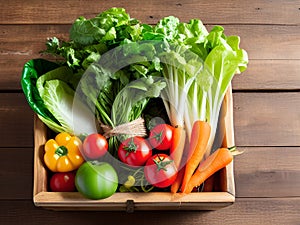 A wooden box with fresh vegetables of different colors on a wooden surface, vegan