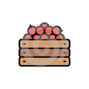 Wooden box with fresh vegetables, garden harvest flat color line icon.