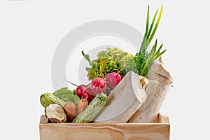 Wooden box with fresh vegetables and organic greens on white background. Bio organic food. Detox diet. Selective focus. Space for