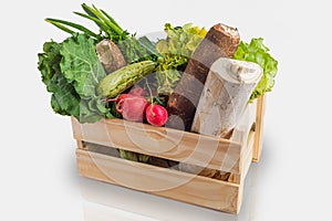 Wooden box with fresh vegetables and organic greens on white background. Bio organic food. Detox diet. Selective focus. Space for