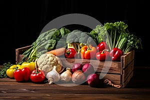 Wooden box full of different types of fresh vegetables on black background