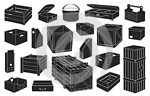 Wooden box isolated black set icon. Black set icon wood container . Vector illustration wooden box on white background.