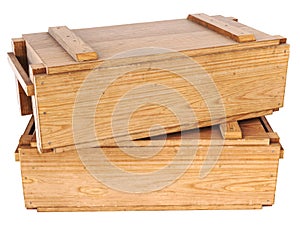 Wooden box isolated on white background.