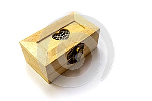 Wooden box for jewelry engagement rings love on white background