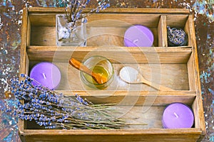 Wooden box with lavender spa set