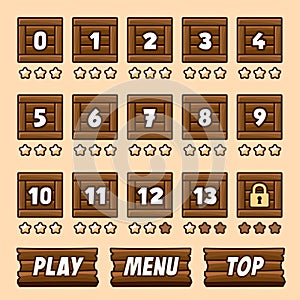 Wooden box level selection panel with buttons for