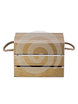 Wooden box made of boards with rope handles.