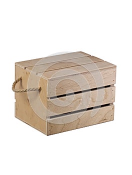 Wooden box made of boards with rope handles.