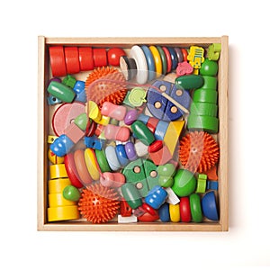 Wooden box with many toys