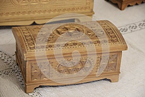 Wooden box. Mastercraft. DIY craftsmanship of wooden souvenirs