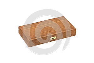 Wooden box with a metal lock. Drawer made of light wood and dark upholstered interior for storing valuables. Isolate on a white