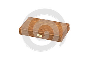 Wooden box with a metal lock. Drawer made of light wood and dark upholstered interior for storing valuables. Isolate on a white