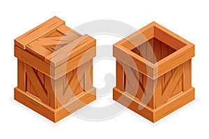 Wooden box open closed isometric 3d realistic design vector illustration