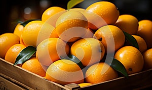 Wooden Box Overflowing With Fresh Oranges