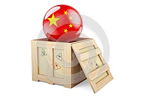 Wooden box, parcel with Chinese flag. Shipping and delivery in China, concept. 3D rendering