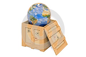 Wooden box, parcel with Earth Globe. Global shipping and delivery concept, 3D rendering