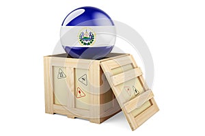 Wooden box, parcel with Salvadoran flag. Shipping and delivery in El Salvador, concept. 3D rendering