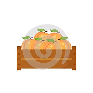 Wooden box with peach vector illustration. Boxwith the fruits