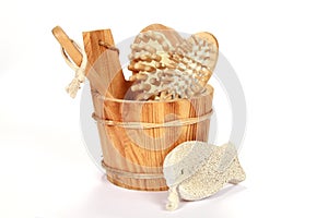 Wooden box with sauna and body care toiletries